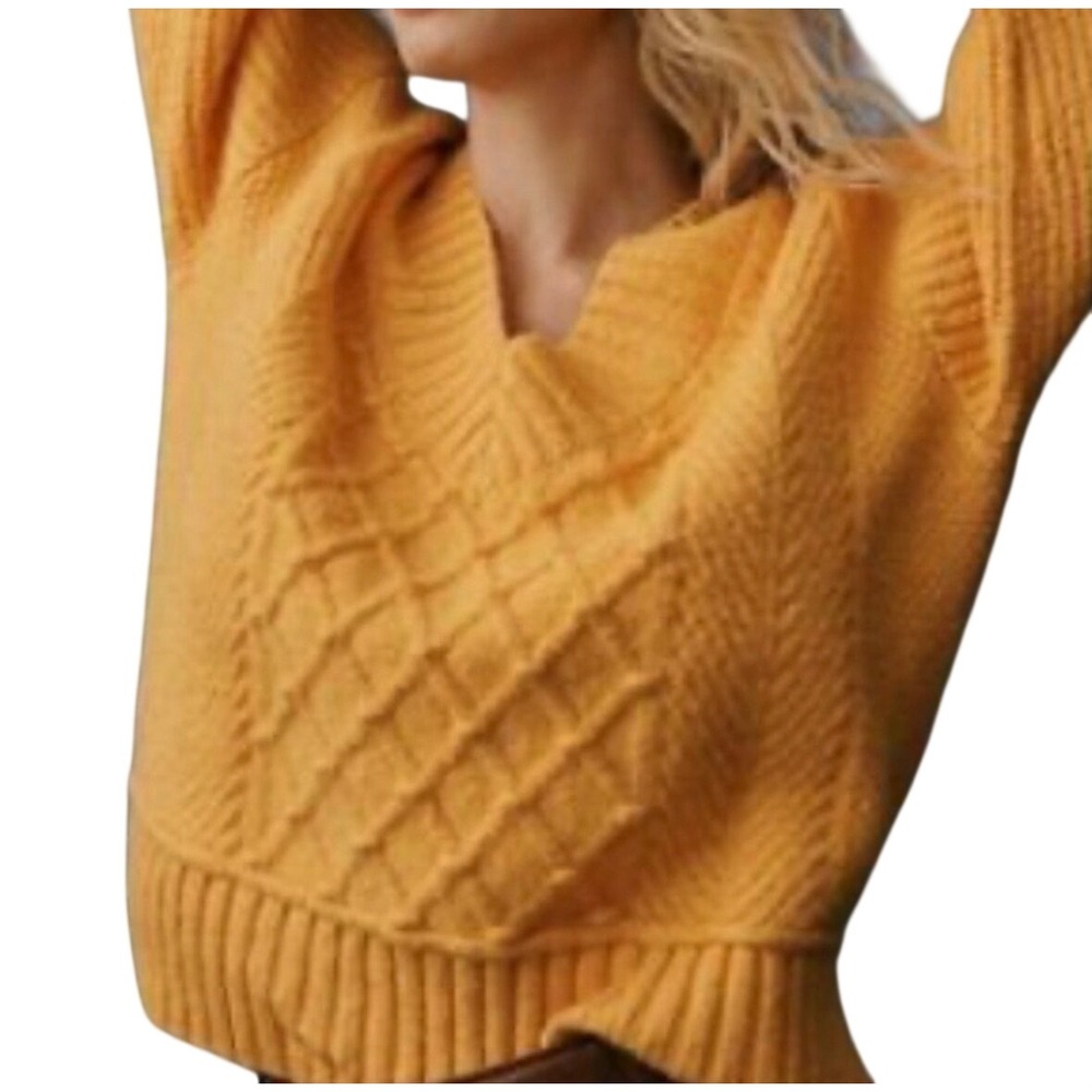 Maeve by Anthropologie V-Neck Diamond Cable Knit Sweater Mustard Yellow Small